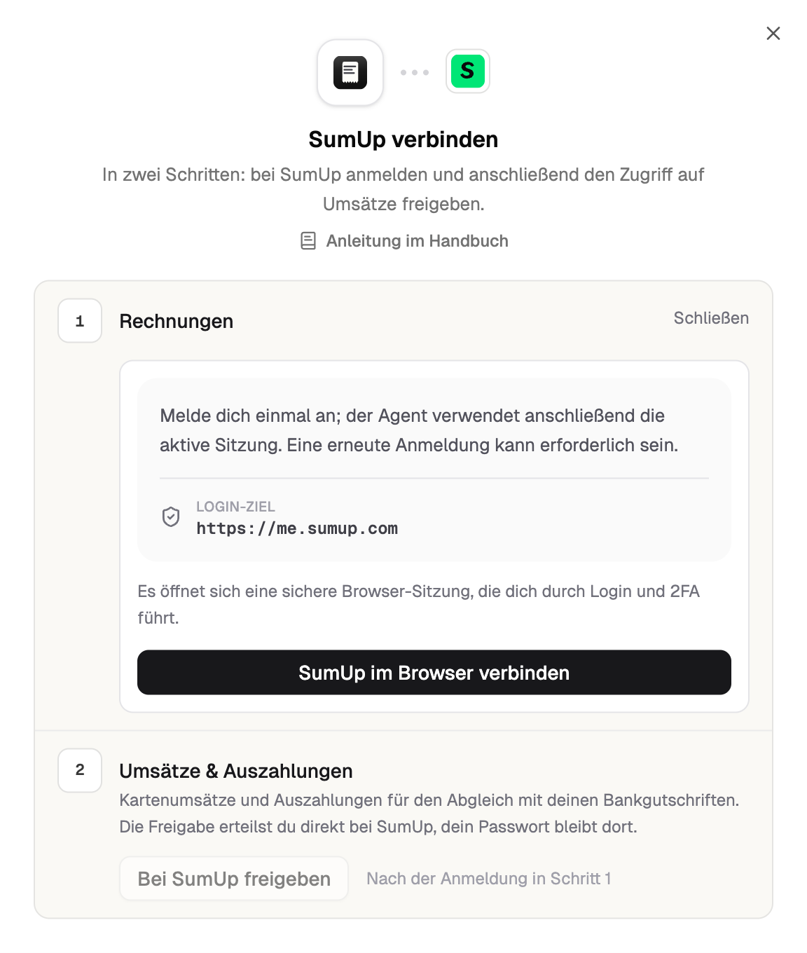Anmeldung bei SumUp mit dem Login-Ziel me.sumup.com und dem Knopf SumUp im Browser verbinden