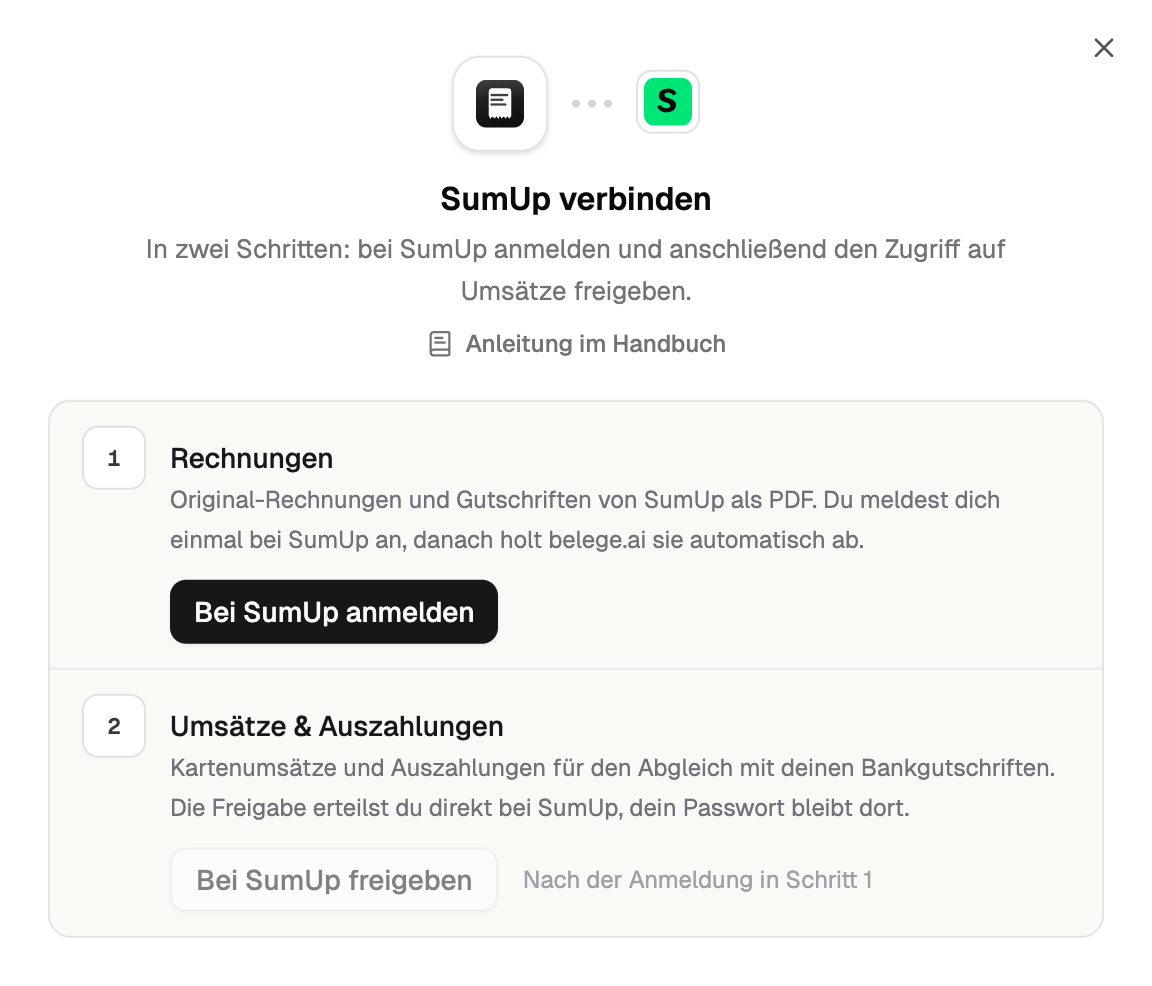 Dialog SumUp verbinden mit den Zeilen Rechnungen sowie Umsätze und Auszahlungen
