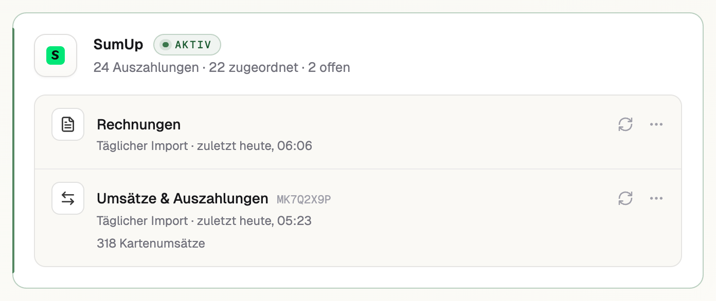 SumUp-Karte mit dem Abzeichen AKTIV und den Zeilen Rechnungen sowie Umsätze und Auszahlungen