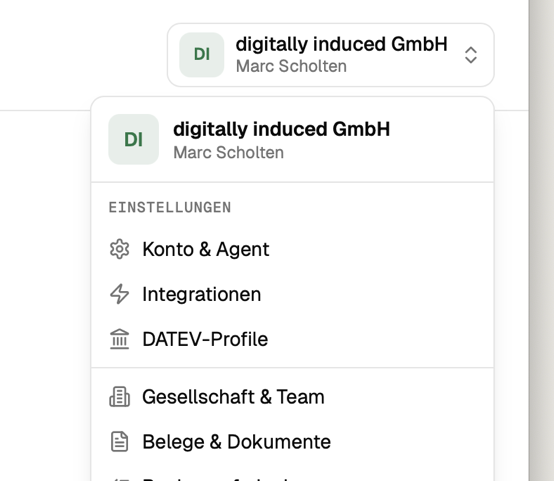 Menü in belege.ai mit dem Eintrag Integrationen