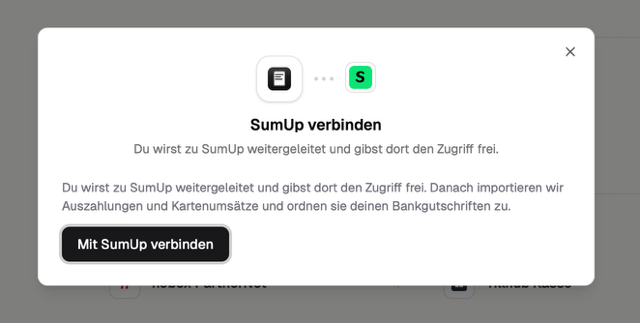 Dialog zum Verbinden von SumUp mit belege.ai